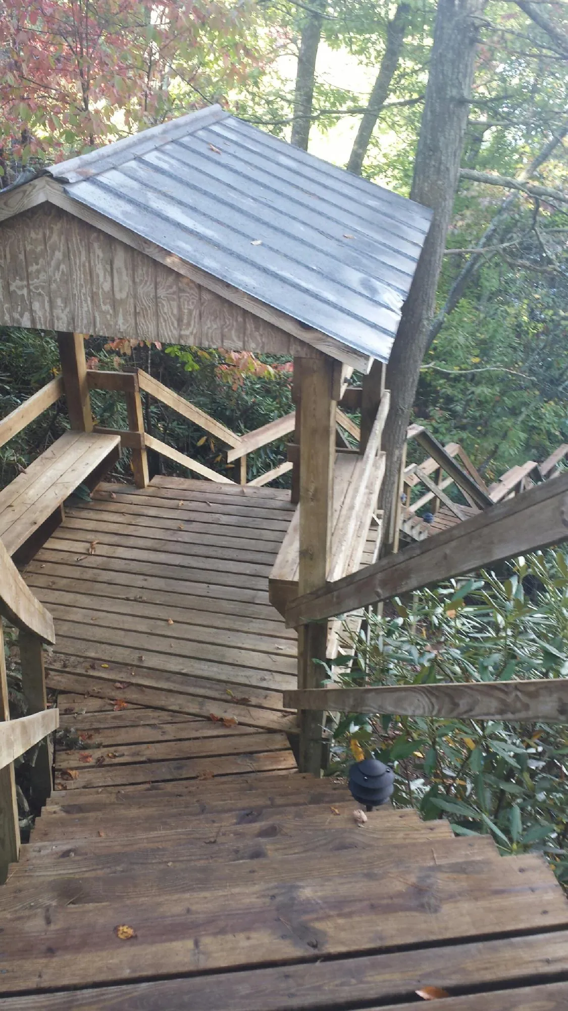 Metal roofed shelter over wooden steps on a wooded walkway — Skylight Repair & Installation work by our crew in Ocean View